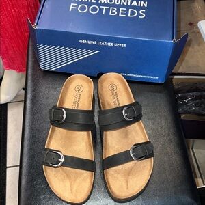 White Mountain Black Sandals with Silver Buckles